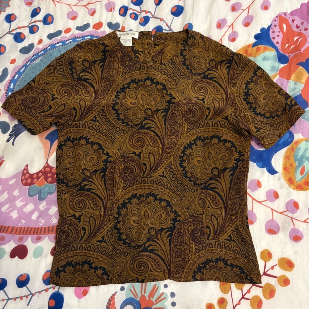 Jones New York Vintage 100% Silk Paisley Print Short Sleeve Blouse Brown Gold h5